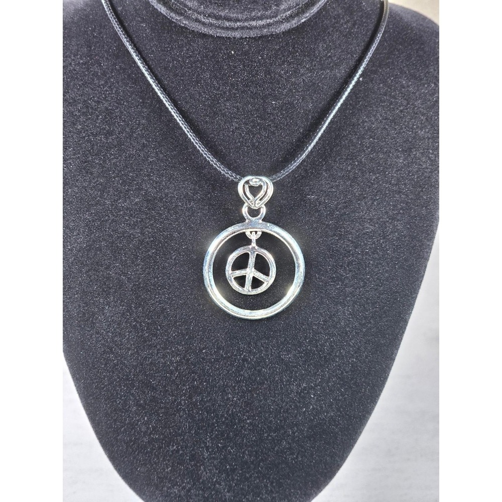 Vintage Peace Symbol Pendant Necklace Silver Tone Boho Jewelry - Picture 4 of 9
